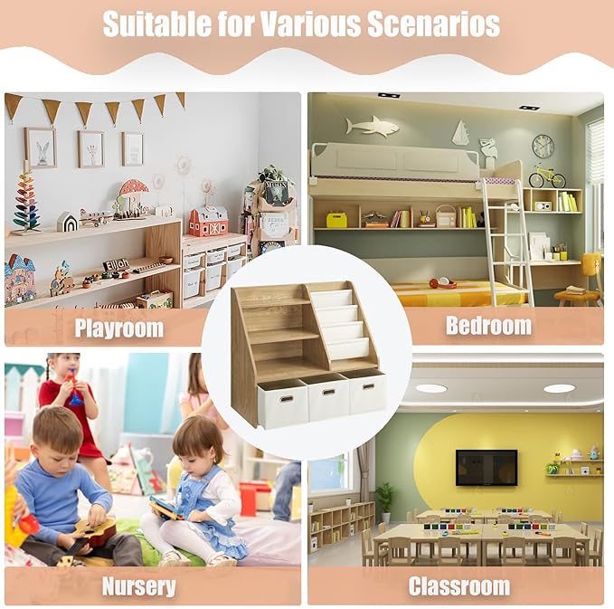 Kids Bookshelf and Toy Storage Organizer, Montessori Nursery Book Shelves with 3 Tier Sling Rack & Fabric Toy Bins, Children Toddler Baby Bookshelf, Wooden Toy Shelf for Kids Room Playroom-Ruum Studio Home