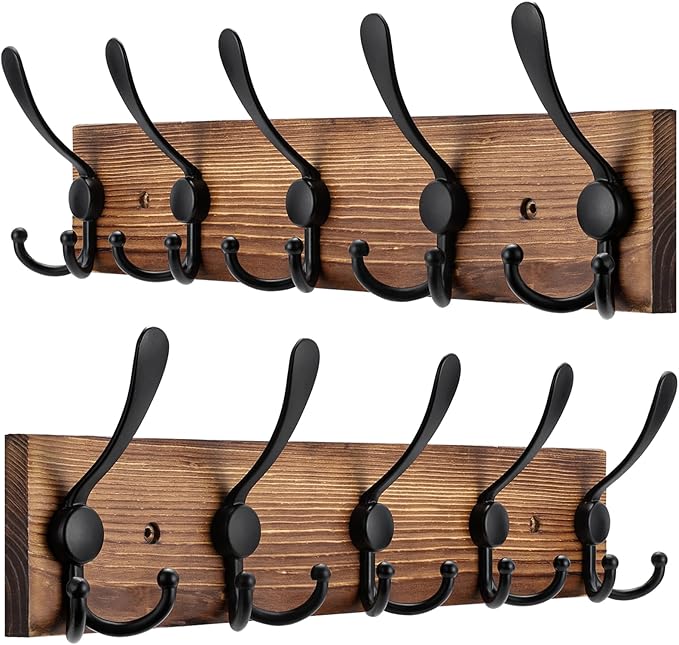 2pcs Coat Rack Wall Mount Wooden Hat Rack for Wall Hooks Pine Real Wood Plank 16.9" Brown Coat Hanger with 5 Triple Hooks for Hanging Coat Hat Jacket-Ruum Studio Home