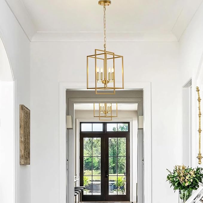 Farmhouse Gold Chandelier, 4-Light Vintage Chandeliers for Dining Room, Adjustable Modern Rustic Metal Hanging Pendant Light Fixture for Entryway Foyer Kitchen Island Hallway-Ruum Studio Home