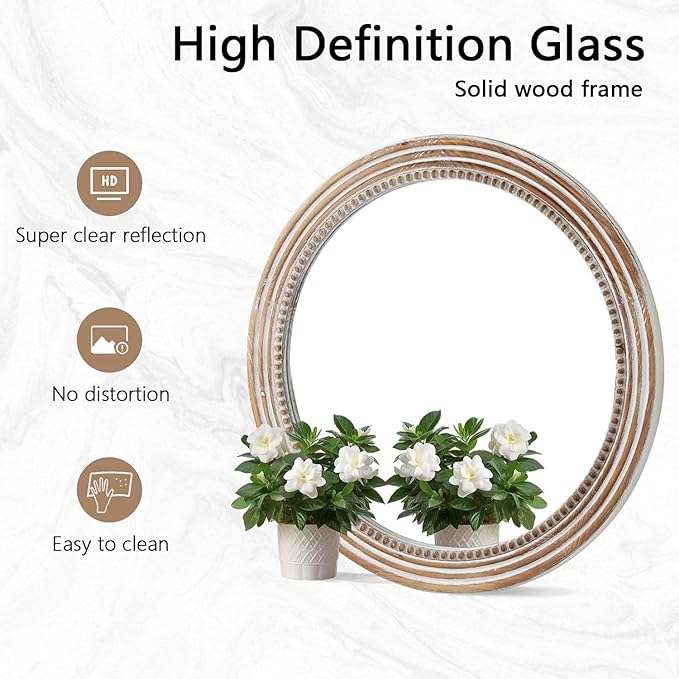 24 Inch Rustic Round Mirror - Farmhouse Vintage Bathroom Vanity Mirror, Wall-Mounted Round Mirrors for Bathroom Sink, Bedroom & Living Room and Framed Decorative Restroom Mirror-Ruum Studio Home