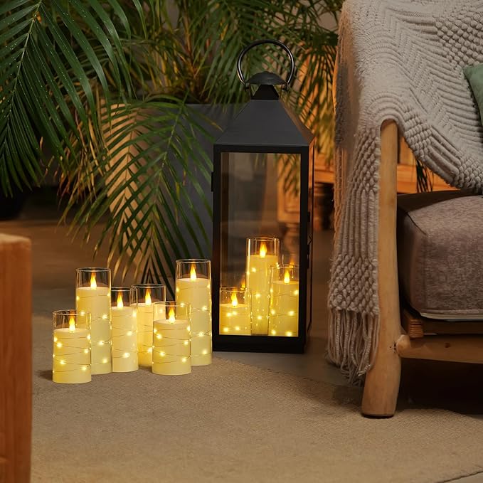 Homemory 9 Pcs Flameless Candles with Embedded Star String Fairy Lights, Battery Operated Candles, LED Candle, Fake Candles with Remote Control and Timer (Ivory)-Ruum Studio Home