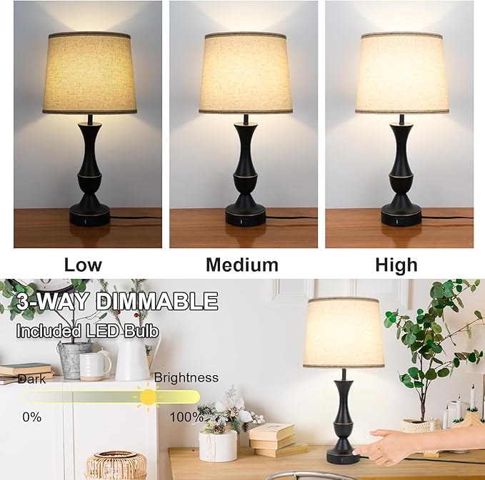 Touch Lamps for Bedrooms Set of 2, Farmhouse Table Lamp with USB C Charging Port, 3 Way Dimmable Nightstand Lamps with Linen Fabric Lampshade for Bedroom, Living Room (Pack2-Black)-Ruum Studio Home