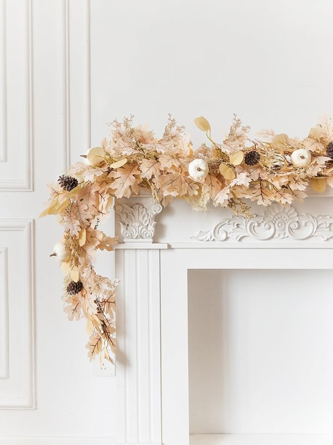 MISSPIN 6FT Boho Fall Garland, Fall Decor Autumn Maples Leaf Garland for Autumn Decor Hanging Vine for Halloween Thanksgiving Home Wedding Fireplace Party Christmas(Beige)-Ruum Studio Home