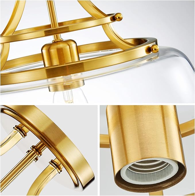 WUZUPS Chandelier Rustic Farmhouse Industrial Round Semi-flushmount Ceiling LED Light Fixture with Clear Glass Shades for Bathroom Kitchen Foyer Entryway, H 11.8" x W 13.4", E26 Base, Brushed Gold-Ruum Studio Home