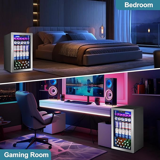 128 Cans Beverage Refrigerator Cooler, 3.2 Cu.Ft Mini Drink Fridge Glass Door for Drink Beer Soda Wine, Beer Fridge with 4 Removable Shelves for Kitchen Bedroom, Office Bar Gaming Room,Stainless Steel-Ruum Studio Home