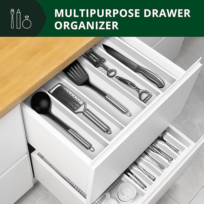 ROYAL CRAFT WOOD Luxury Bamboo Kitchen Drawer Organizer - Silverware Organizer - Utensil Holder and Cutlery Tray with Grooved Drawer Dividers for Flatware and Kitchen Utensils (5 Slot, White)-Ruum Studio Home