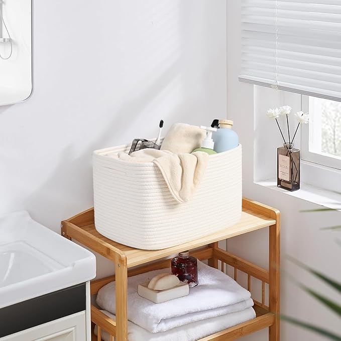 3-Pack Shelf Baskets for Organizing, Woven Storage Basket for Shelves, Cotton Rope Storage Bins for Toys Books, Nursery Towel Baskets for Classroom, 14.96"X9.8"X8.85", White-Ruum Studio Home