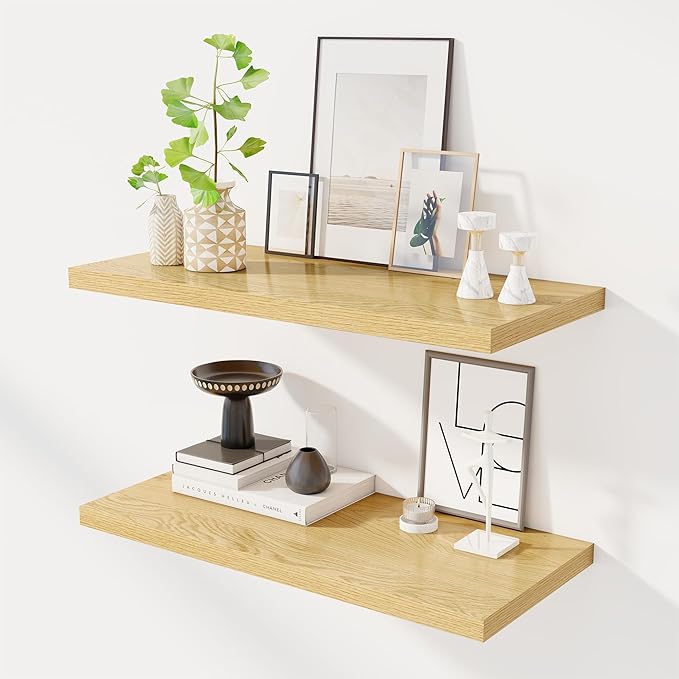 30" Floating Shelves for Wall, 12" Deep Slim Oak Floating Shelves, Wall-Mounted Shelves for Bedroom, Living Room, Kitchen, Bathroom - Set of 2-Ruum Studio Home