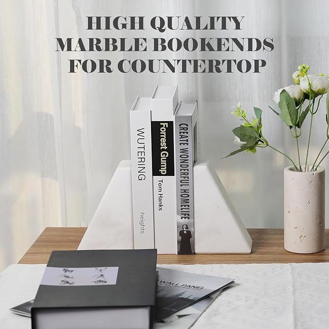 Marble Book Ends Decorative, Unique Bookends for Shelves, White Stone Bookends Holds Heavy Books, Weighted Book Holder Stopper for Home Office Desk Bookshelf Decoration, Set of 2-Ruum Studio Home