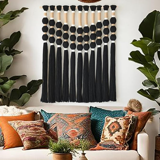 Macrame Wall Hanging Boho Wall Decor Black Fiber Yarn Wall Art Handmade Cotton Spherical Knot for Living Room Bedroom Nursery Office Home Decor27" W x 33" L-Ruum Studio Home