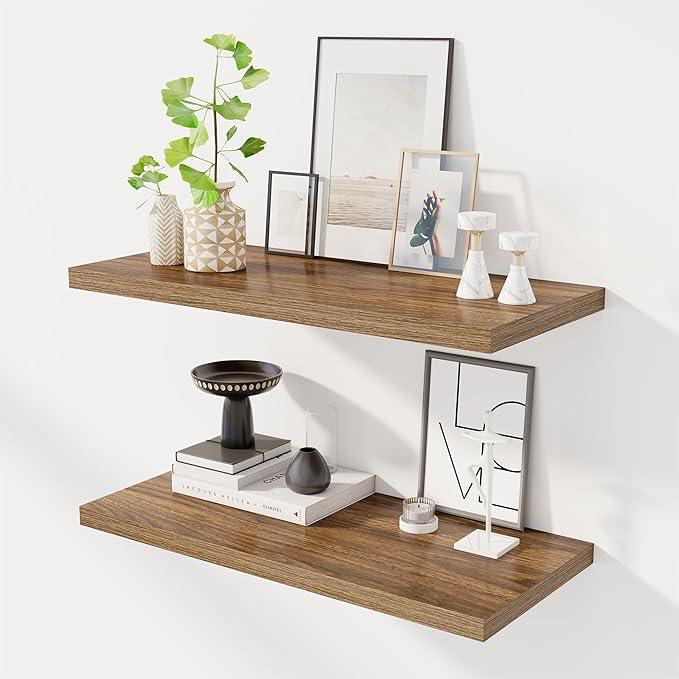 30" Floating Shelves for Wall, 12" Deep Slim Walnut Floating Shelves, Wall-Mounted Shelves for Bedroom, Living Room, Kitchen, Bathroom - Set of 2-Ruum Studio Home