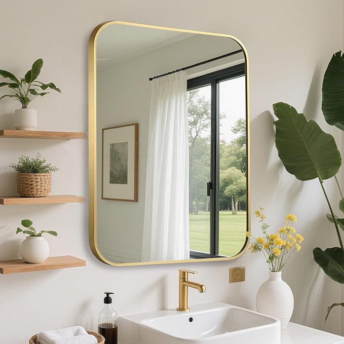 FARMER 22x30 Inch Gold Bathroom Mirror, Rectangle Vanity Mirror, Brushed Mirrors for Wall, Metal Frame Hanging Mirror with Round Corner for Bedrooms, Entryways, Living Rooms, Horizontal/Vertical-Ruum Studio Home