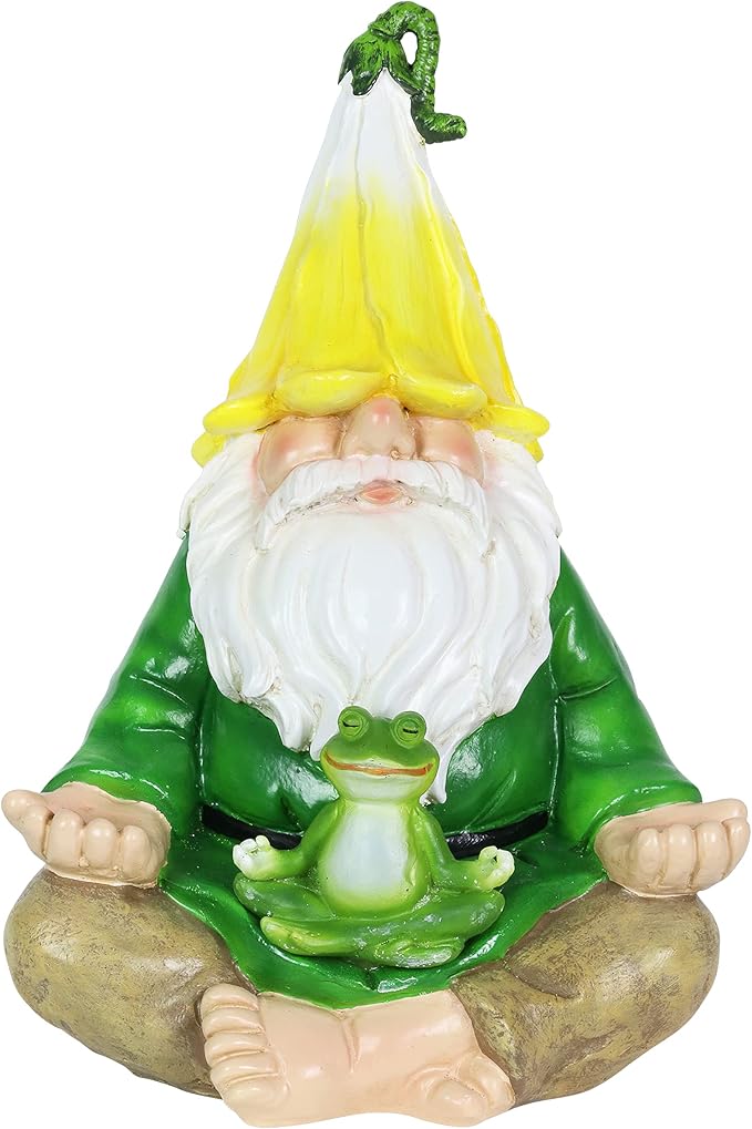 Exhart Solar Light-Up Meditating Gnome Statue w/LED Frog, Durable Resin Garden Décor, 8”x6.5”x10.5”-Ruum Studio Home