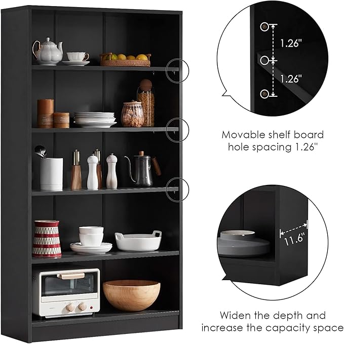 Bookshelf, Open Modern Bookshelf, 5 Shelf Bookcase with Freestanding Display Storage, Wooden Book Shelf for Bedroom, Living Room, Dinning Room, Office, 60 Inch, Black-Ruum Studio Home