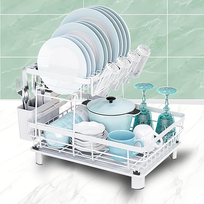GAXmi Dish Drying Rack Over The Sink Drainer with Drainboard Utensil Holder Cup Holder, 2-Tier White-Ruum Studio Home