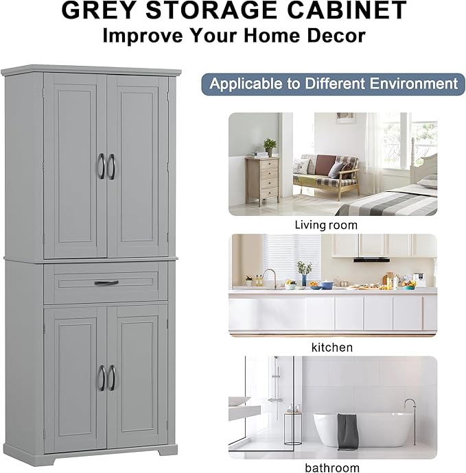 72.2" Tall Storage Cabinet with 4 Doors and Drawer, Freestanding Linen Cabinet, Wooden Pantry with Adjustable Shelf for Kitchen, Bathroom, Living Room, Grey-Ruum Studio Home