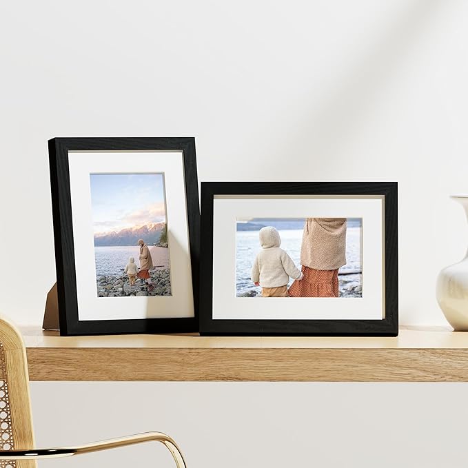Vittanly 6x8 Picture Frames Set of 9, Shatter Resistant Plexiglass, Display 4x6 Pictures with Mat or 6x8 without Mat, Photo Frames for Wall or Tabletop, Engineered Wood, Black-Ruum Studio Home