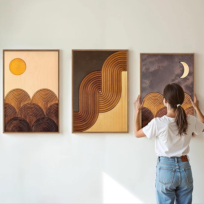 Tinonedraw Boho Mountain Framed Canvas Wall Art Set, Mid Century Modern Geometric Line Wall Decor, Bohemian Sun and Moon Art Paintings, Beige Brown Wooden Artwork for Living Room Bedroom Office 16"x24"x3-Ruum Studio Home