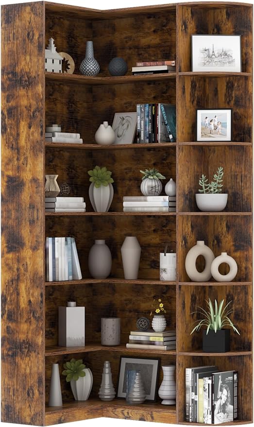Loomie Bookshelves, 6 Tiers Shelf Large Tall Corner Etagere Bookcase with Full Baffle, L-Shaped Modern Storage Display Industrial Book Shelf for Bedroom, Home Office, Living Room & Kitchen, Rustic-Ruum Studio Home