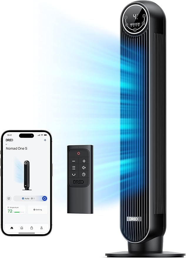 Dreo Tower Fan for Bedroom, Smart Oscillating Quiet Floor Fans, Standing Bladeless Fan with Remote and WiFi Voice Control, 4 Modes, 4 Speeds, 8H Timer, 28dB, Works with Alexa/Google-Ruum Studio Home