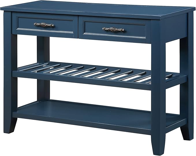 Solid Wood Console Table Entryway Table with Storage Drawers and Shelves Sofa Table for Entry Hallway Foyer(42" Navy Blue)-Ruum Studio Home