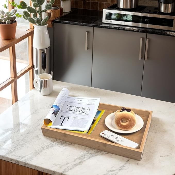 Large Bamboo Wooden Tray with Handles, Rectangular Natural Solid Wood Dinner Tray, Bamboo Wood Original Color. Suitable for Kitchen,Bedroom, Coffee, Party bar. (14.9x10.2 inches)-Ruum Studio Home