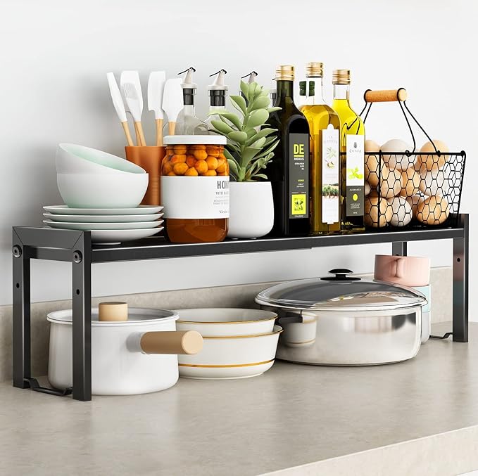 Expandable Cabinet Shelf Organizer 16-26" L Stackable Kitchen Counter Shelf Rack Sink Riser Countertop Storage Black (Normal 7.9”D)-Ruum Studio Home