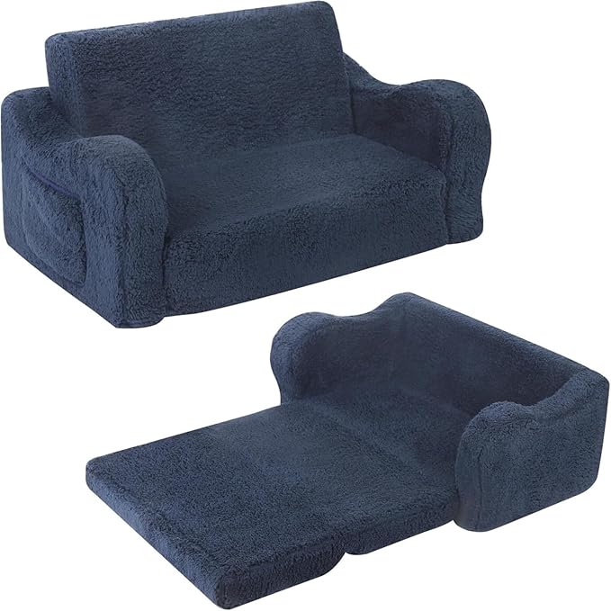 Kids Extra Wide Chairs for Toddler, 2-in-1 Toddler Soft Sherpa Couch Fold Out, Convertible Sofa to Lounger for Girls and Boys, Dark Blue-Ruum Studio Home