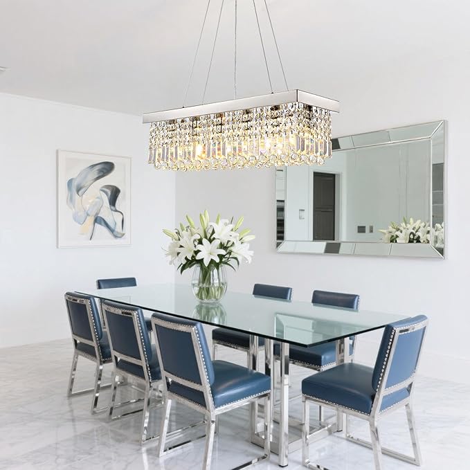Modern Crystal Chandelier for Dining Room,6 Light K9 Crystal Rectangle Chandelier, Rectangular Pendant Ceiling Light Fixture for Living Room Kitchen Island L31.5''xW10''xH10''-Ruum Studio Home