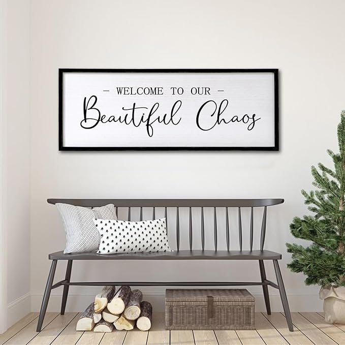 Welcome To Our Beautiful Chaos Sign Wall Decor Framed Wood 32X12 Inch For Rustic Home Living Room Entryway Bedroom Hanging Art (Wood)-Ruum Studio Home