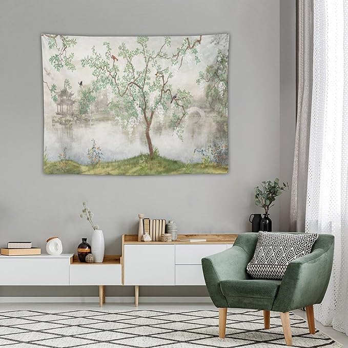 HZOHNAGO Japanese Tapestry Tree Misty Garden Lake Printed Wall Tapestry Ink Painting Wall Hanging for Bedroom Living Room Dorm 40" W x 30" H-Ruum Studio Home