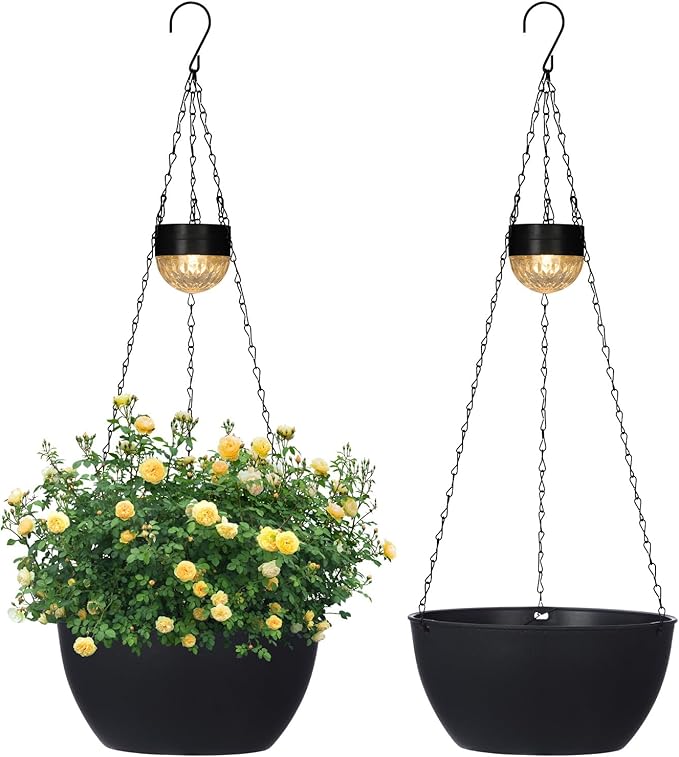 2 Packs Hanging Planters Basket for Outdoor Plants, Solar Powered Self Watering Black Round Plastic Flower Pots with Drainer for Balcony Patio Garden Outdoor Decoration-Ruum Studio Home