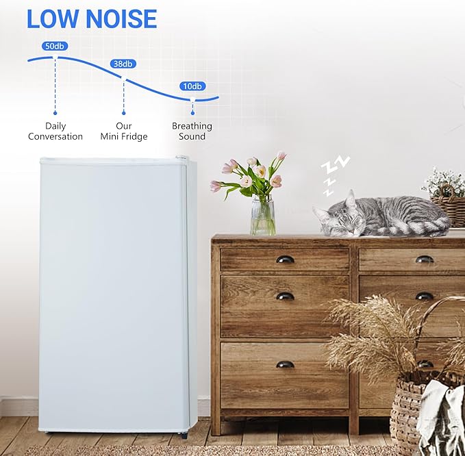 3.2 Cu.Ft Mini Fridge with Freezer, Small Refrigerator with Single Door and Adjustable Thermostat, Shelf, Energy Efficient, Compact Fridge for Bedroom, Office，white-Ruum Studio Home