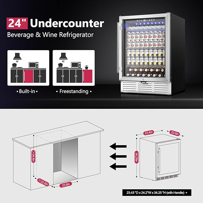24 Inch Beverage Refrigerator, Beverage Cooler 180 Can Built-in Design, Under Counter Beer Fridge with Glass Door for Soda, Wine, Water - For Kitchen, Office or Bar-Ruum Studio Home