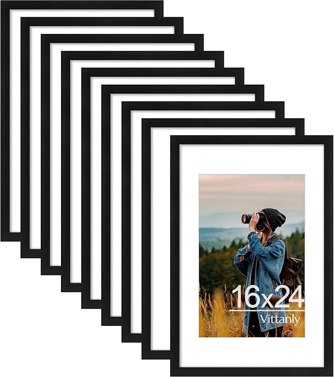 Vittanly 16x24 Picture Frames Set of 9, Shatter Resistant Plexiglass, Display 12x18 Pictures with Mat or 16x24 without Mat, Photo Frames for Wall or Tabletop, PVC Frame, Black-Ruum Studio Home