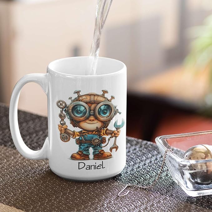 Personalized Tech Enthusiast Coffee Cup 11oz 15oz, Customized Steampunk Character Design Ceramic Mug, Unique Custom Name Mug Gift For Engineer, Kid Cup, Cute Mechanic White Cup-Ruum Studio Home