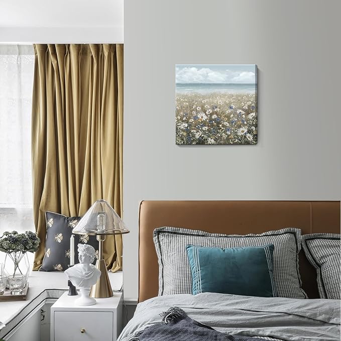 Canvas Wall Art Beach Floral Wall Picture Coastal Boho Farmhouse Daisy Flowers Nautical Sea Ocean Wildflowers Canvas Print Vintage Artwork for Small Rustic Bathroom Bedroom Living Room Office Décor-Ruum Studio Home