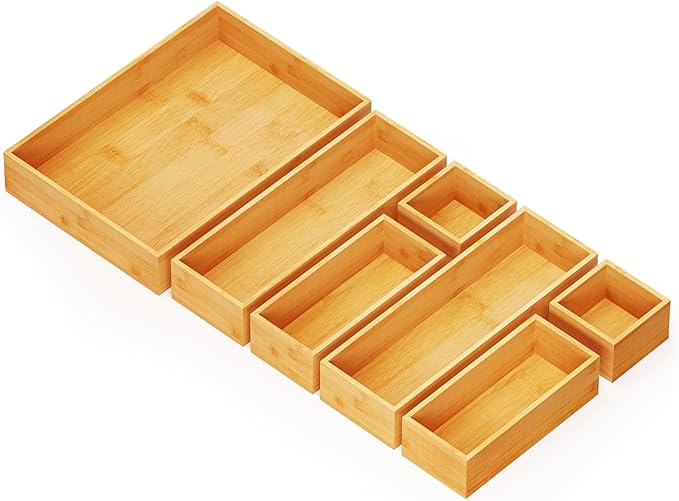 SpaceAid 7-Piece Bamboo Drawer Organizer Storage Boxes Set, Wood Tray Junk Drawer Organizers Multi-Use Divider Bins for Kitchen, Bathroom, Office Desk and Makeup Organization (7 Pack, Natural)-Ruum Studio Home