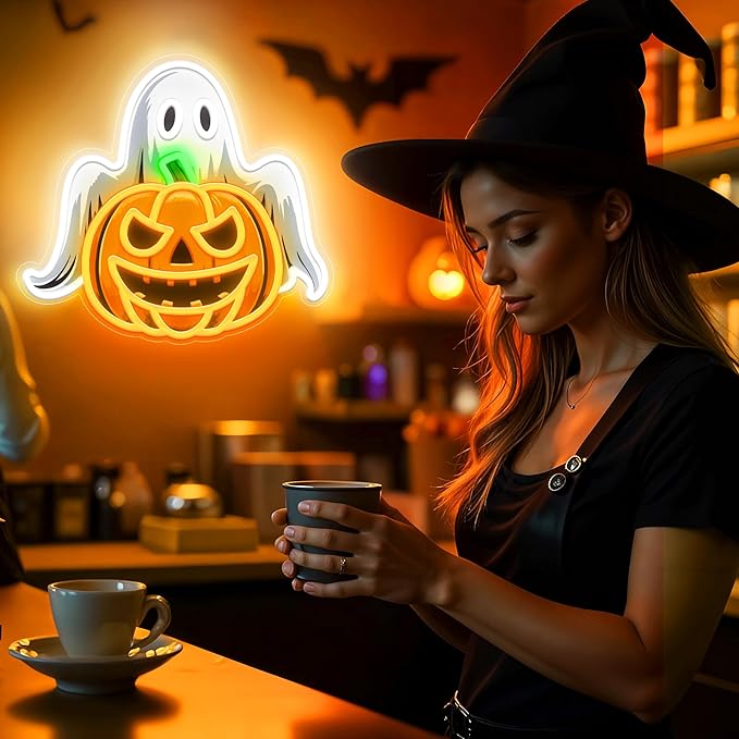 Spooky Glow Halloween Neon Signs for Wall Decor - Ghost & Pumpkin Led Neon Light Up Sign, Glow in Dark Indoor Decor for Porch Window Home Bar Party, Scary Halloween Decorations Gifts for Kids-Ruum Studio Home