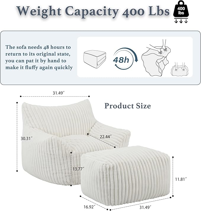 Oversized Bean Bag Chaise Lounge Chair Indoor for Adults with Armrests & Ottoman - Giant Comfy Beige Beanbag Lazy Floor Sofa Cloud Accent Chair for Reading, Gaming, Cozy Fluffy Cloud Mini Couch-Ruum Studio Home