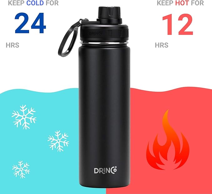 Drinco Stainless Steel Water Bottle Spout Lid Vacuum Insulated Double Wall Water Bottle Wide Mouth (40oz 32oz 22oz 18oz 14oz) Leak Proof Keep Cold Sport Camping Hiking (22 oz, 22oz Black)-Ruum Studio Home