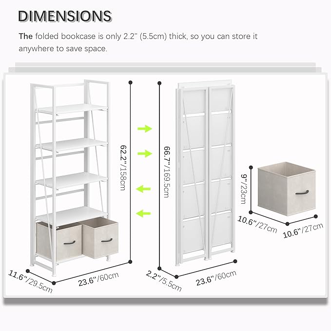 4NM No Assembly Foldable Bookshelf, 5-Shelf Collapsible Bookcase Storage for Small Spaces, 62.2" H, All White-Ruum Studio Home