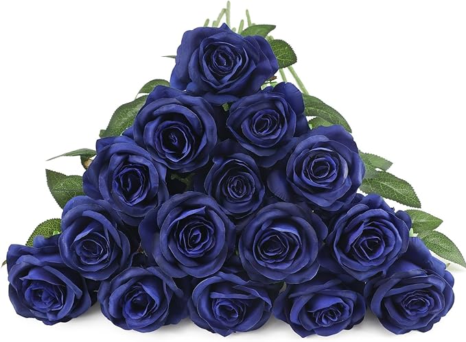 Blue Fake Roses Artificial Flowers - 10 Pcs Fake Artificial Roses Silk Flowers with Stems for Home Wedding Hotel Office Centerpiece Decor（Navy Blue）-Ruum Studio Home