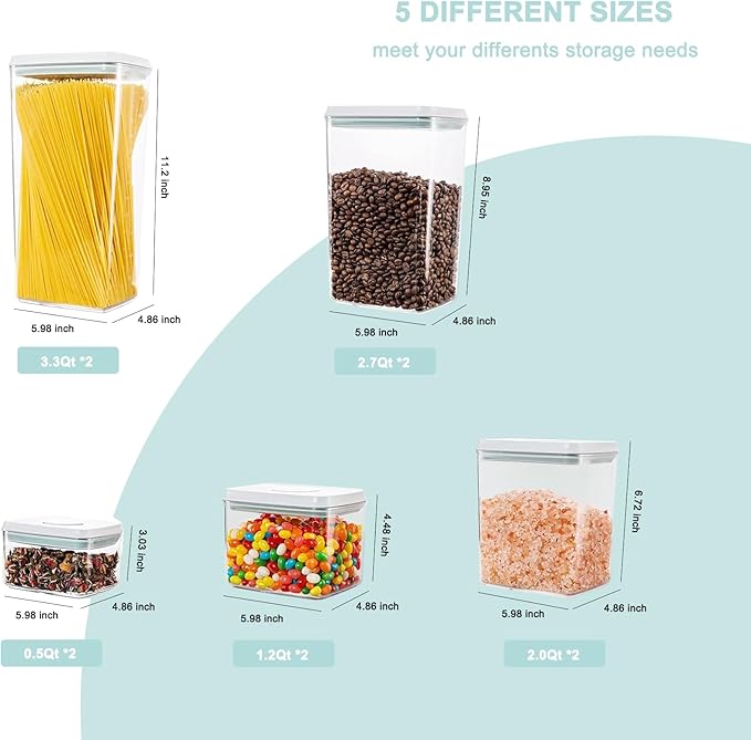 Pop Containers with Lids - Stackable Airtight Food Storage, Kitchen Pantry Storage Containers for Snacks Candy Salt Herbs Spices BPA-Free (10PCS (0.5 + 1.2 + 2.0 + 2.7 + 3.3 Qt) * 2)-Ruum Studio Home