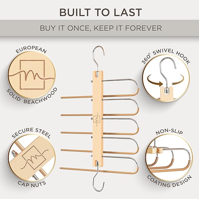 MORALVE Pants Hangers Space Saving - European Beechwood Scarf and Jean Hangers - Closet Organizer and Space Saver Pant Rack, Leggings Hanger, and Scarf Holder with 360° Swivel Hook (1 Pack)-Ruum Studio Home
