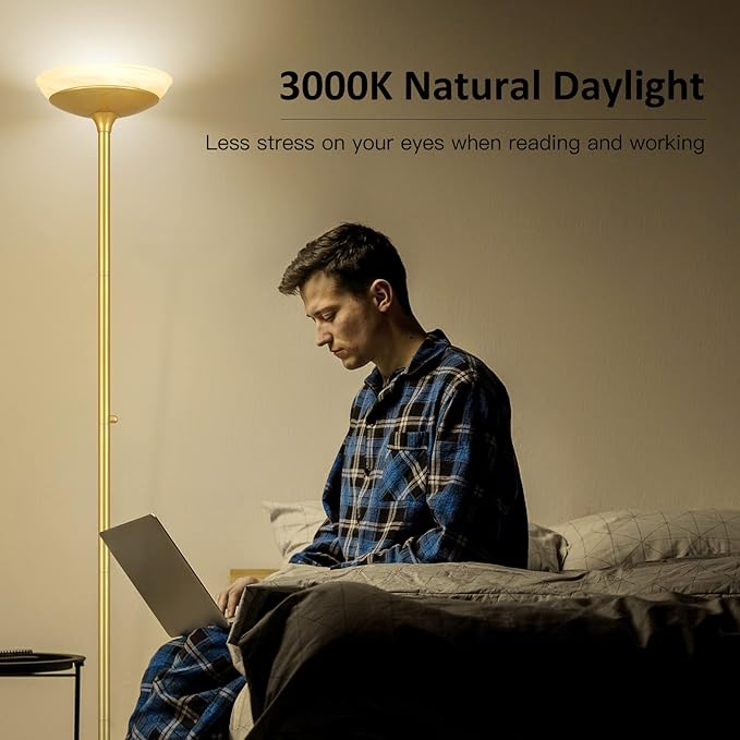 BoostArea Torchiere Floor Lamp, 24W Super Bright LED Standing Lamp, 3000K Stepless Dimmable Pole Lamp with Rotary Switch, 70 Inch Tall Metal Modern Floor Lamps for Living Room/Bedroom/Office/Den, Gold-Ruum Studio Home