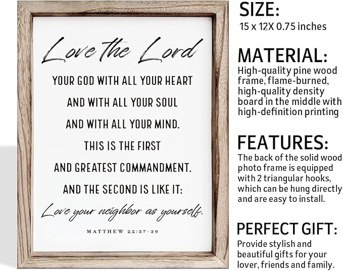 Christian Wall Plaque, Master Bedroom Decor Above Bed, Rustic Farmhouse Christian Decor, Matthew 22:37-39 Signs, Framed Wall Plaque Sign 15 * 11.5 inches, Love the Lord Sign-Ruum Studio Home