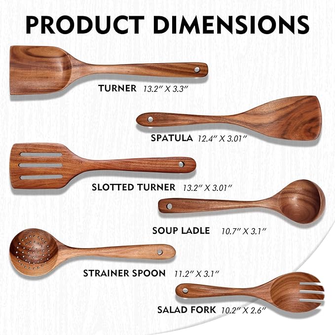 Wooden Spoons for Cooking 6 Piece, Natural Teak Kitchen Utensils Spatula, Smooth Finish Wooden Cooking Utensils Spoons, Filter Spoon, Salad Fork-Ruum Studio Home