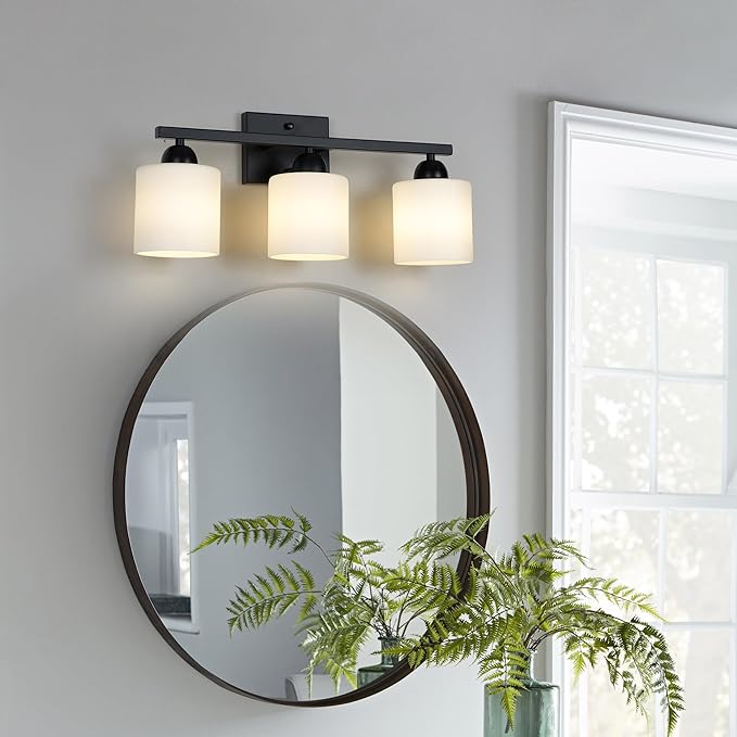 Milk Glass Vanity Lights for Bathroom, 3 Light Matte Black Bathroom Light Fixtures Over Mirror, Ceramic E26 Sockets Wall Mounted-Ruum Studio Home