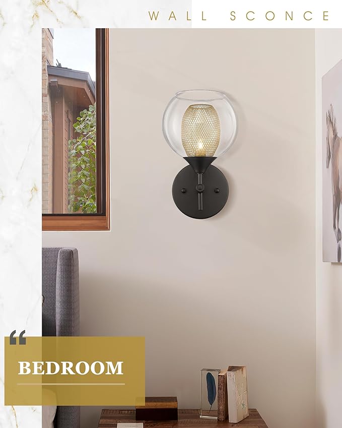 Black Wall Sconce Set of 2, Bathroom Vanity Light Fixture with Clear Glass and Honeycomb Metal Shade, Sconces Wall Lighting for Mirror Bedroom Hallway, AD-22001-1W2-BK-Ruum Studio Home